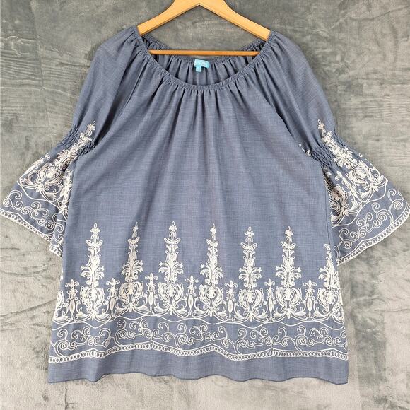 Womens Top XL Blue Boho Peasant Cottagecore Festival Chambray Floral Embroidered - Picture 1 of 7